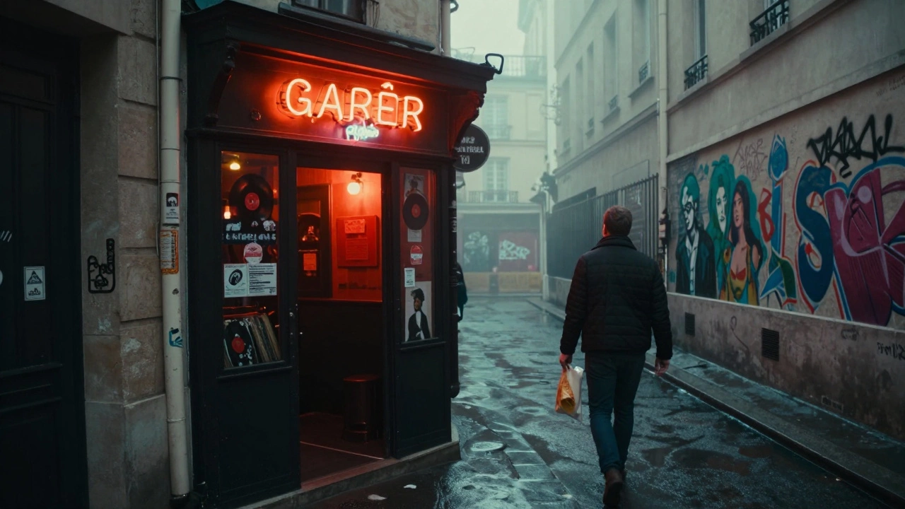 An underground bar in Paris at dawn, with neon light glowing on a wet alleyway.