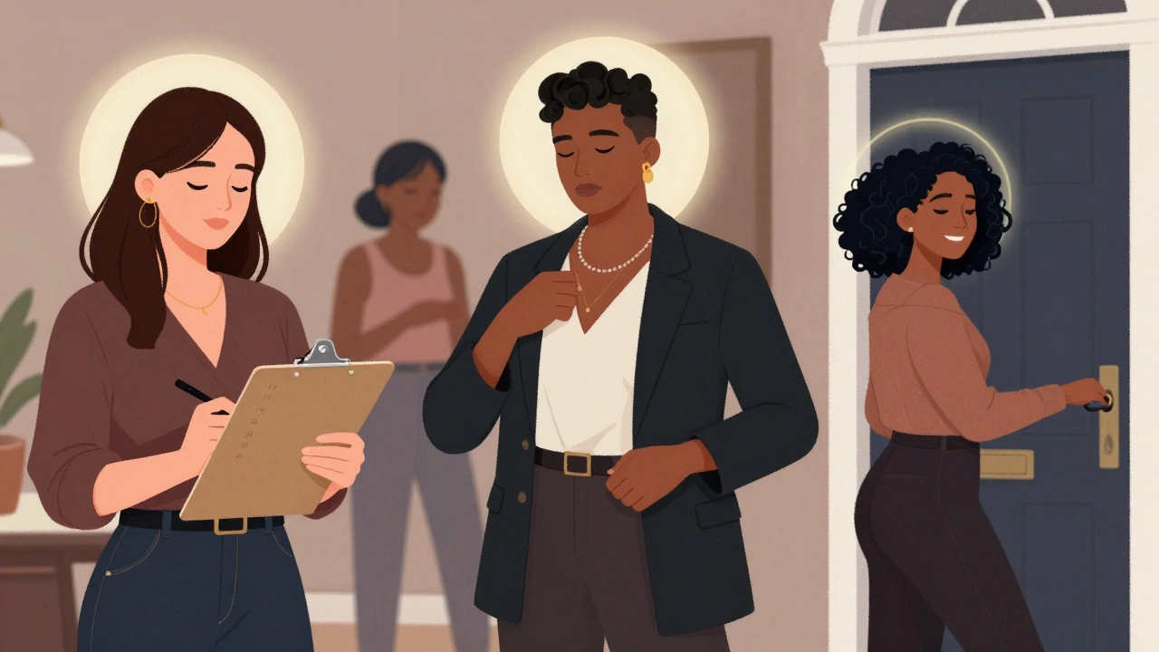 Diverse sex workers in urban settings exude quiet confidence, each bathed in a soft personal glow.