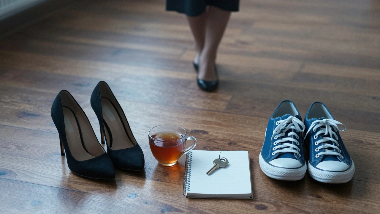High-heeled shoes and sneakers sit beside a cup of tea and notebook, symbolizing choice and autonomy.