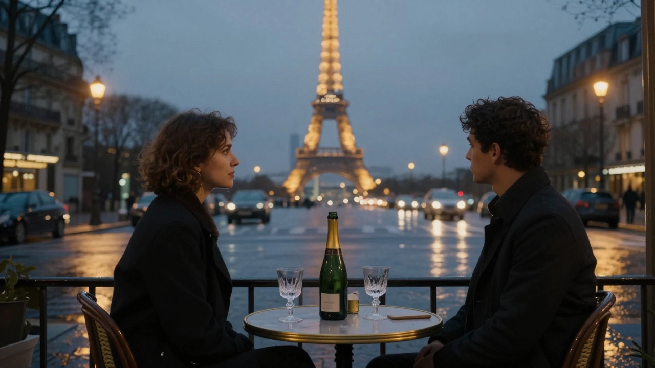 Two people silently watching the Eiffel Tower from a quiet terrace in the 8th arrondissement.